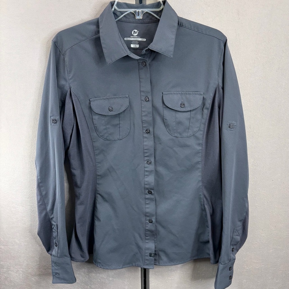 Merrell Women’s Hiking Shirt Gray Performance Travel Outdoor Button Up Large